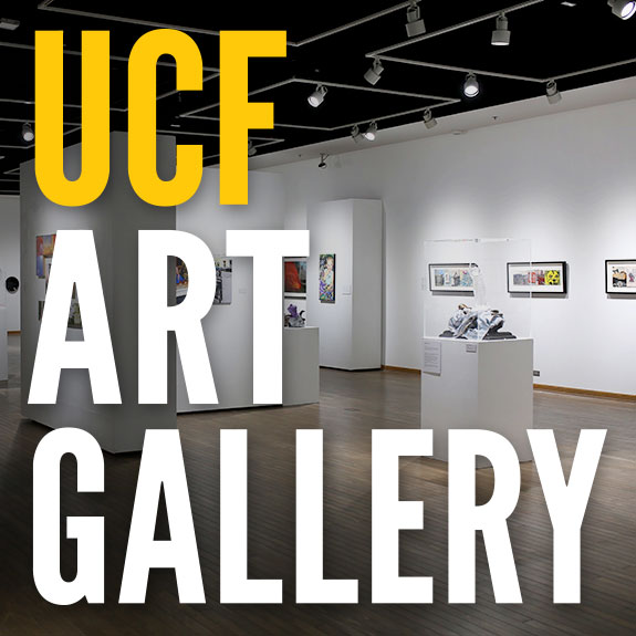 "UCF ART GALLERY" overlaid on image of the gallery space