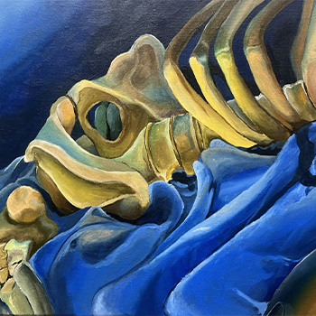 Detail of a still life painting of portions of a skeleton resting on a blanket, by Nemesis Deras