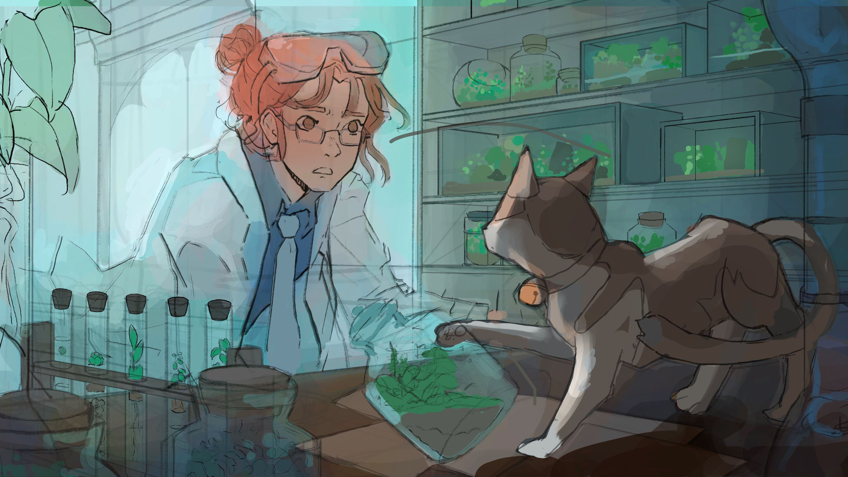 Illustration of person in a lab coat watching a cat knock over a jar containing a plant, by Nicholas Larsen