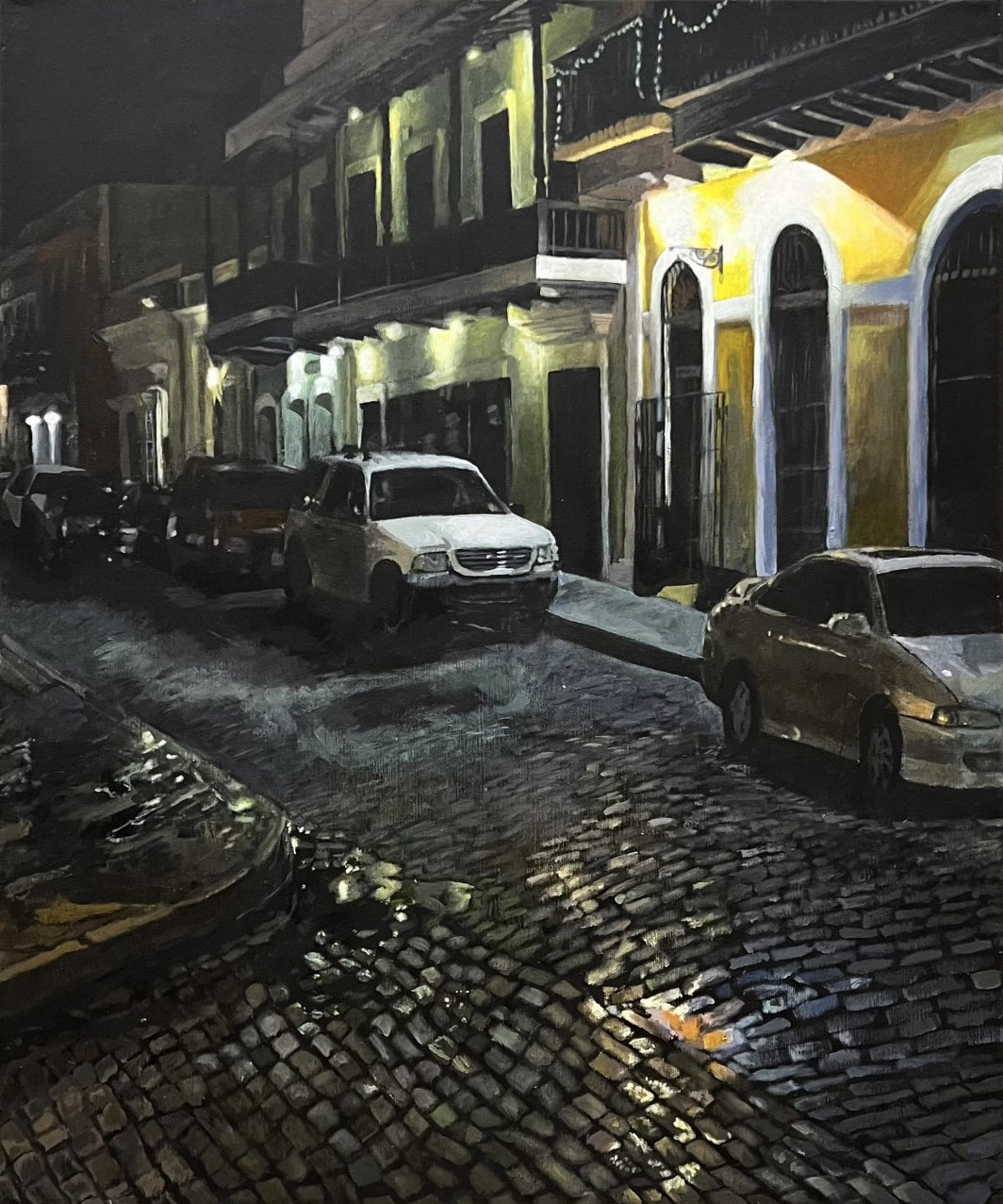 Painting of cars parked along a cobblestone street at night, by Isabelle Balladares
