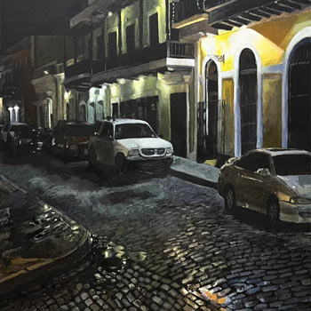Detail of a painting of cars parked along a cobblestone street at night, by Isabelle Balladares