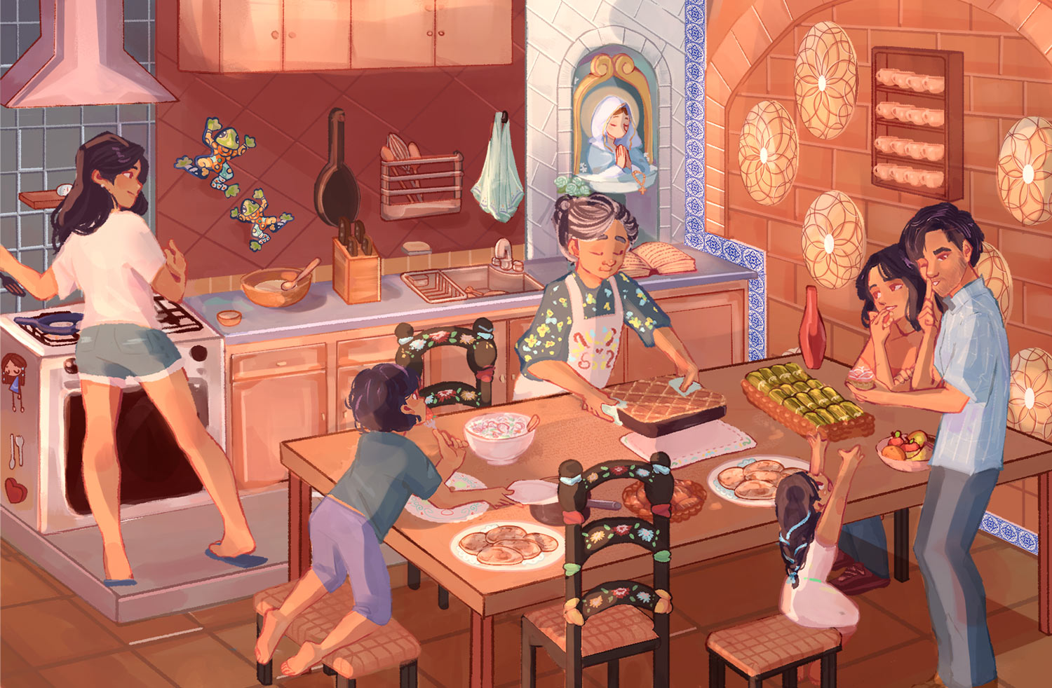 Illustrated scene of a family in the kitchen, by Alexandra Hidalgo